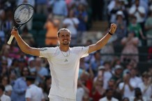 Alexander Zverev celebrates a win over Taylor Fritz at the 2026 Wimbledon Championships.